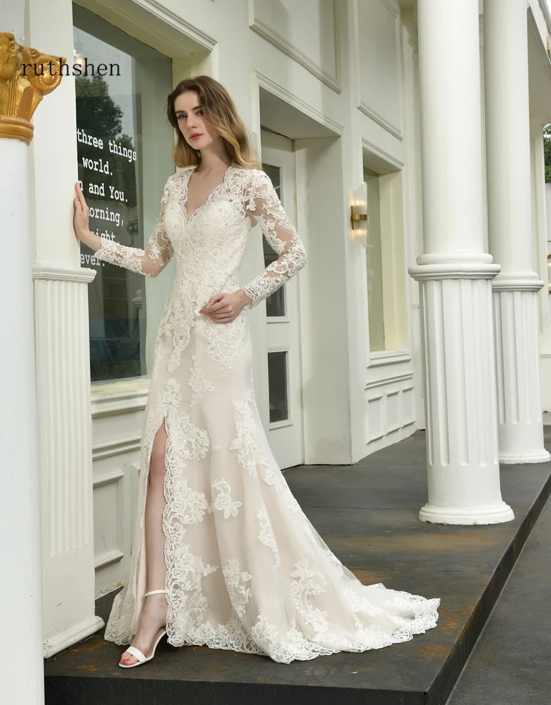 

Lace Mermaid Long Sleeve Wedding Dress Luxury Vintage Split Robe Noiva Champagne Bridal Dresses For Bride
