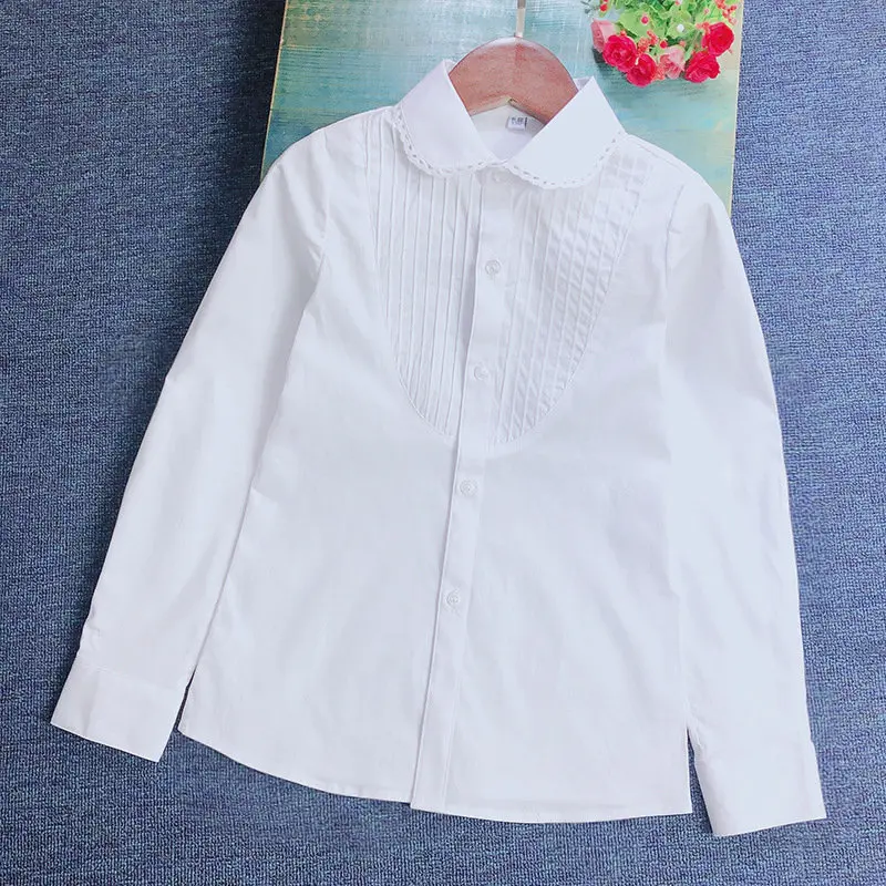 

Spring 2021 Children Clothes Fashion Teenage White Long Sleeve Blouses Cotton Turn-down Collar Shirts Primary School Uniform