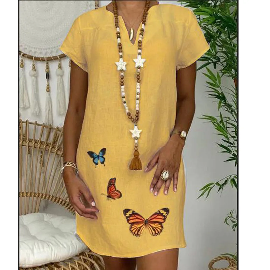 Платье женское из хлопка и льна с v образным вырезом коротким рукавом|Женские