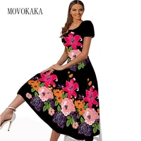 movokaka spring summer dress women party elegant beach casual short sleeved flowers print dress square collar long dresses black