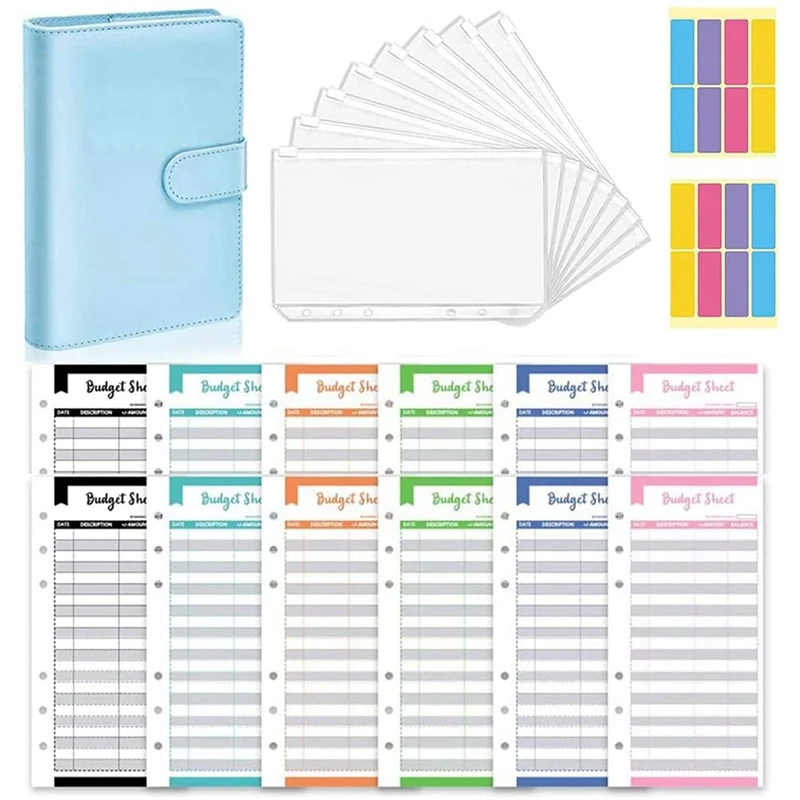 

A6 PU Leather Budget Binder with Zipper Envelopes, Macarone Color Ring Budget Binder with for Home School