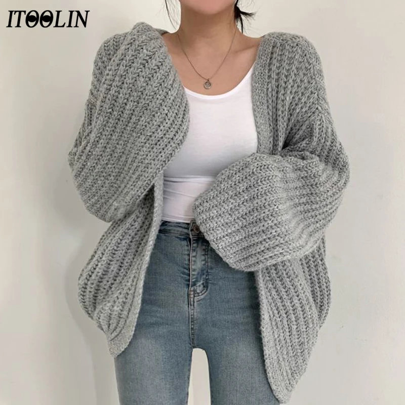

ITOOLIN Cardigan Sweaters Women Autumn Winter Loose Casual Vintage Grey Cardigan Long Sleeve Knitted Coat Sweater Jumper
