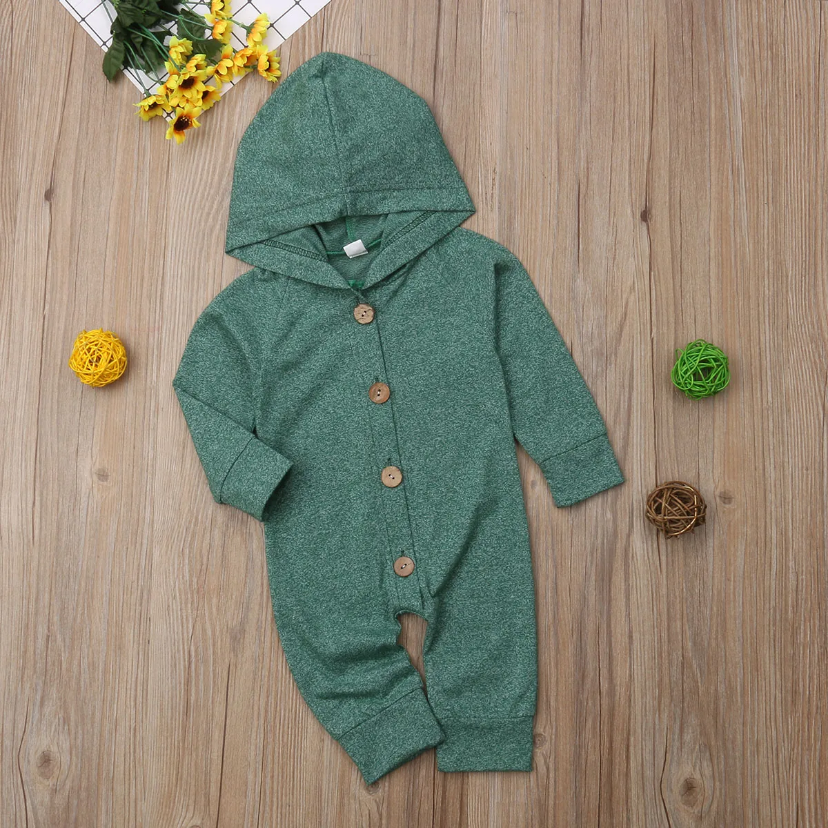 Newborn Unisex Clothes Green Baby Romper Long Sleeve Hoodie Hooded Button Down One Piece Outfits