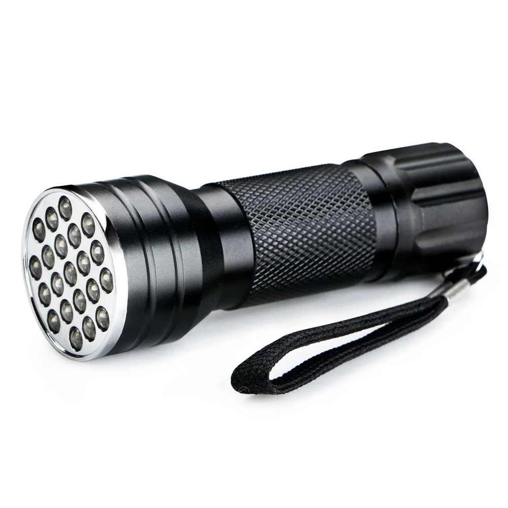 

21 LED UV Flashlight Detection Black Shell Night Fishing Money Fluorescent Aluminum Alloy Urine Test Mini Torch Battery Powered