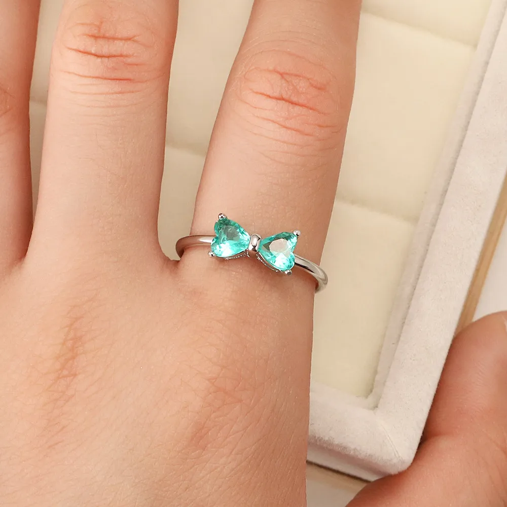 

Best selling European and American fashion S925 sterling silver light emerald ring zircon Heart Bow crystal jewelry lady's gift