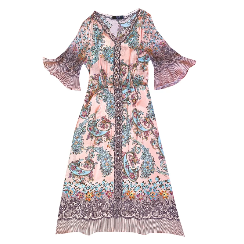 

COIGARSAM 3XL Plus Size Print Women Long dress New Summer Flare Sleeve V-Neck Dresses Pink 2026