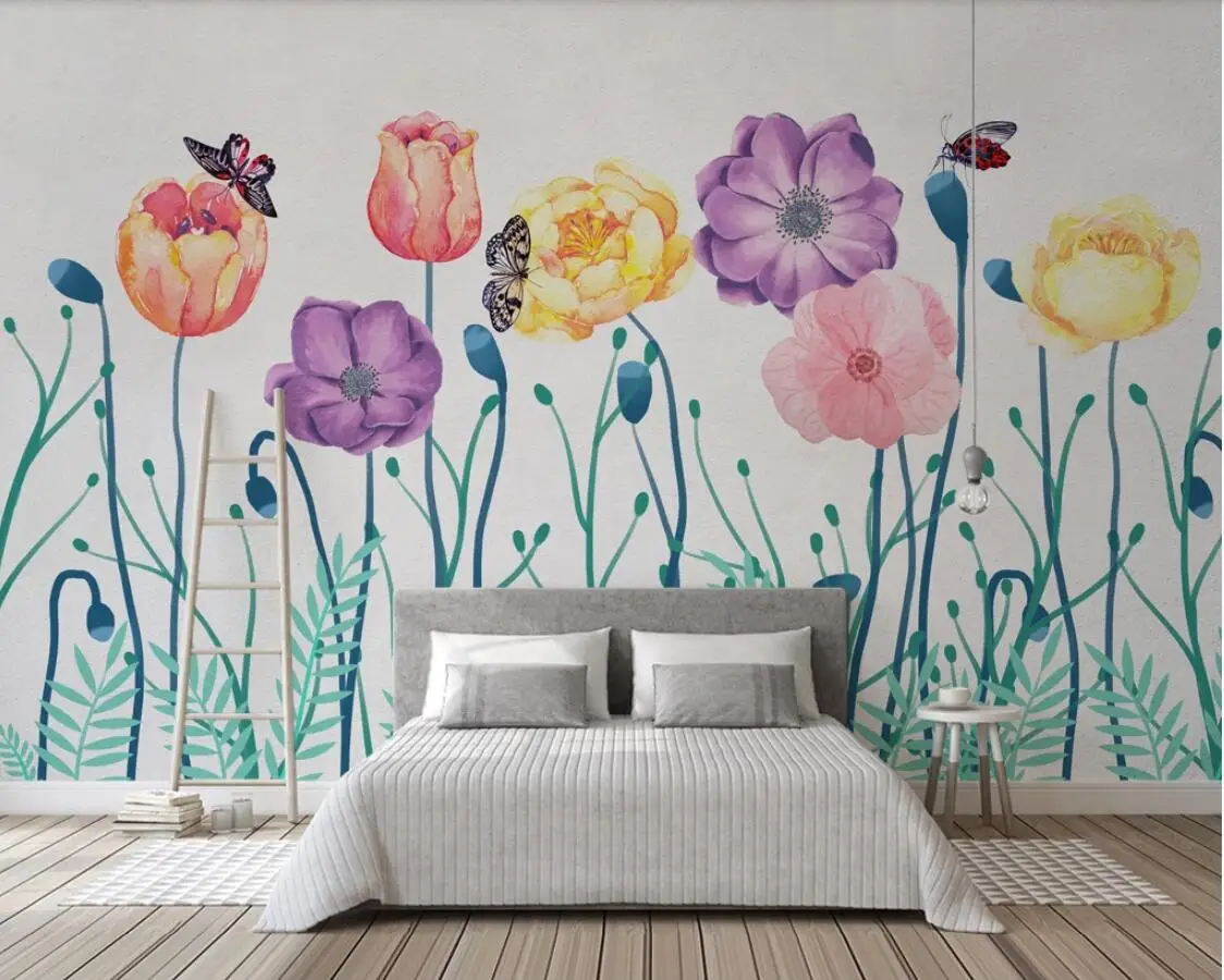 Ручная роспись акварельные фрески Мак цветы обои бабочки Популярные настенные