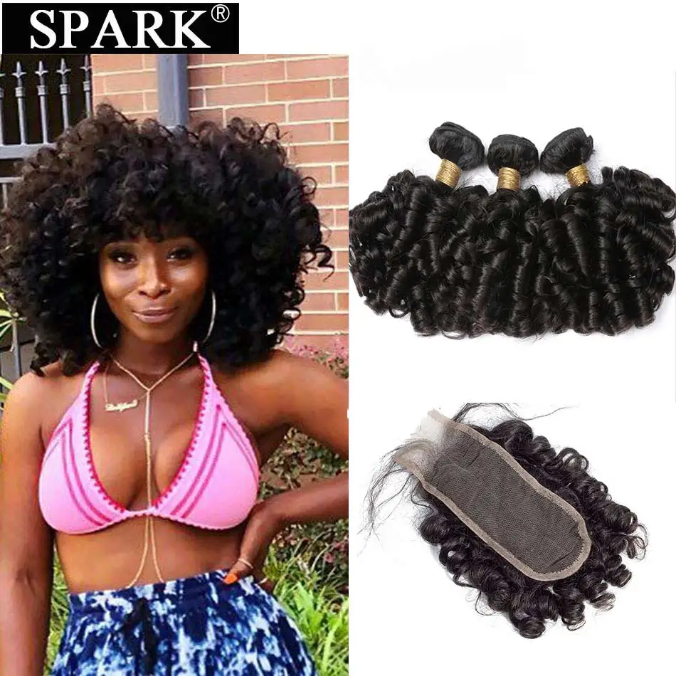 Natural Color SPARK бразильский надувной кудрявый переплетенный короткий 6 дюймов 6 пучков с закрытием может сделать парик из натуральных волос remy натуральный черный цвет - Цвет: Natural Color