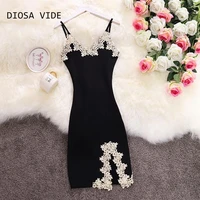 strap lace embroidery v neck wild bag hip split knit dress small black female 2022 summer new style