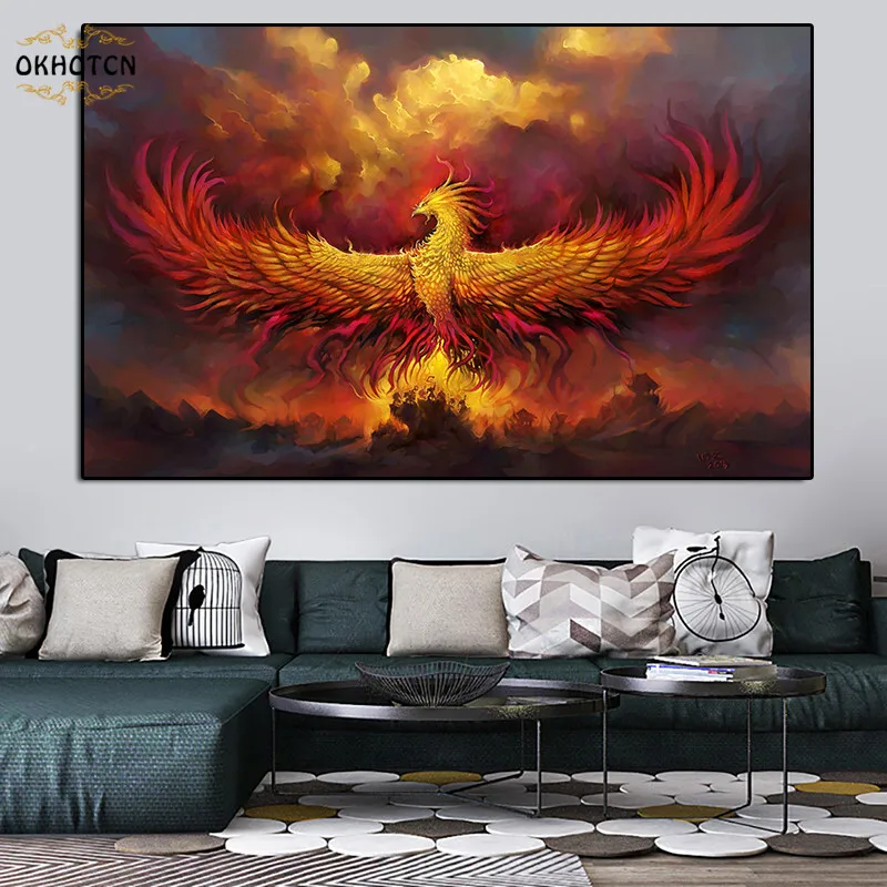 Абстрактная Картина на холсте с изображением восточных фениксов Настенная