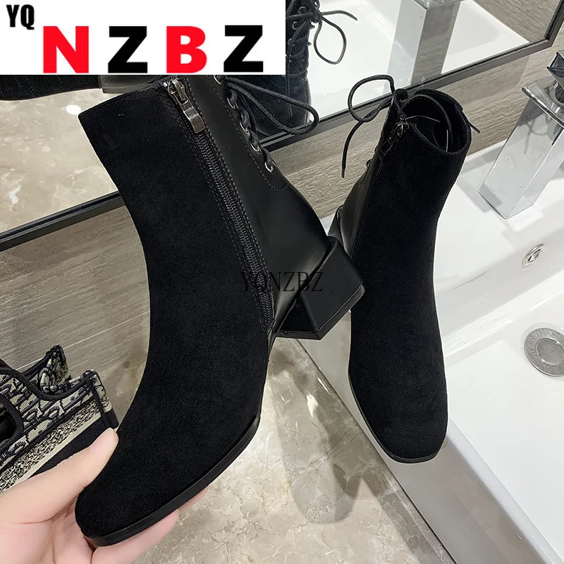 

Women's Fashion Martin Boots 2021 Autumn New High-heel Round Head Zipper Lace-up Ankle Boots Women's Casual Square Heel Boots