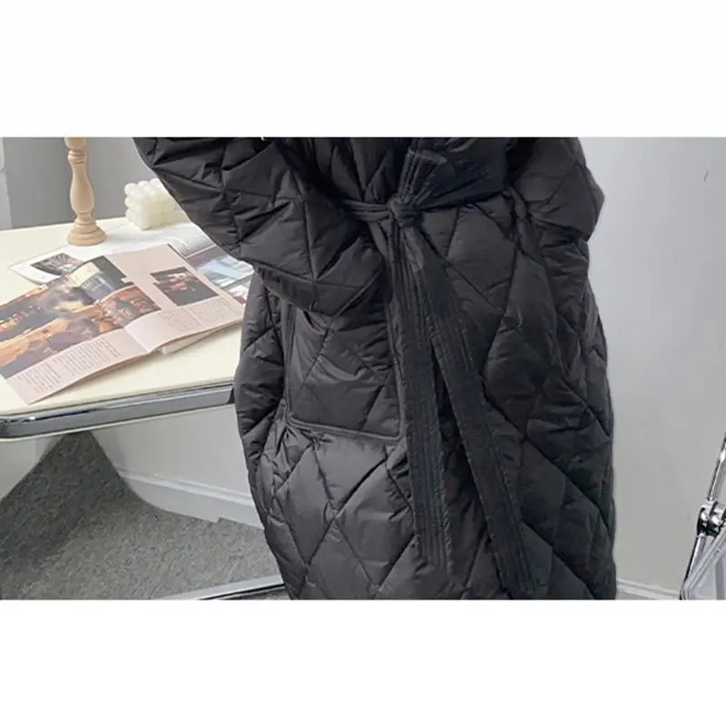 

XITAO Bandage Turn down Collar Parka Solid Color Black Women Winter New Long Sleeve Loose Casual Simplicity All-match ZY2398