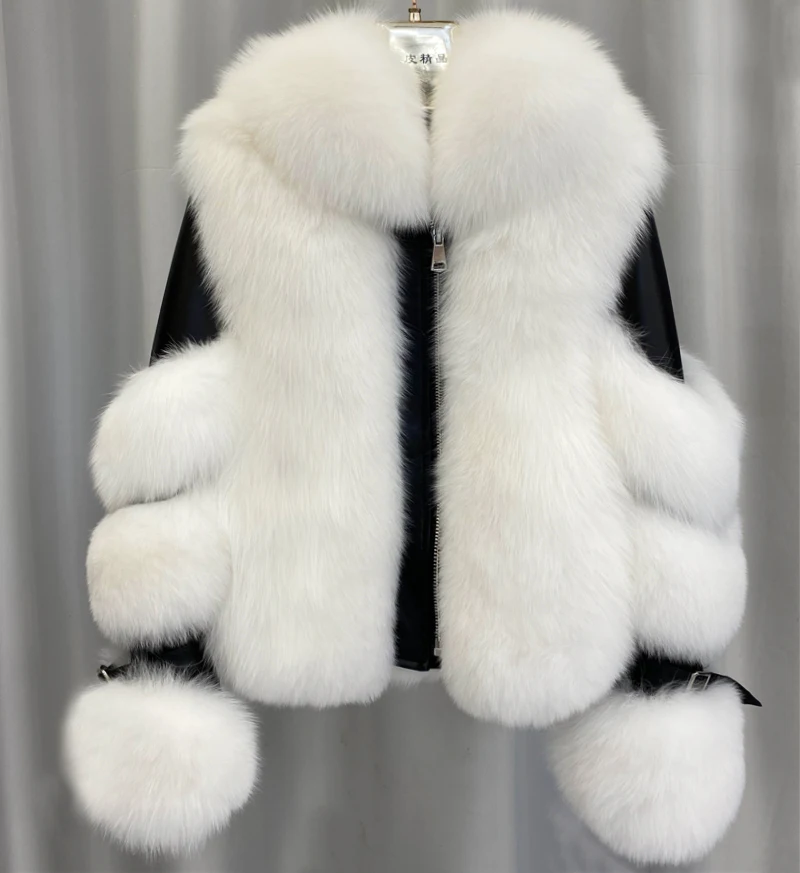 BFFUR 2022 Winter Fashion Women Real Fox Fur Coat Genuine Sheepskin Leather Jacket Natural Fox Fur Coats with Detachable Collar enlarge