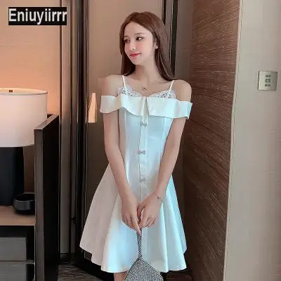 

Black Lace Sexy Dress Button Front Women Sexy Party Sleeveless Ladies Spaghetti Strap Dresses