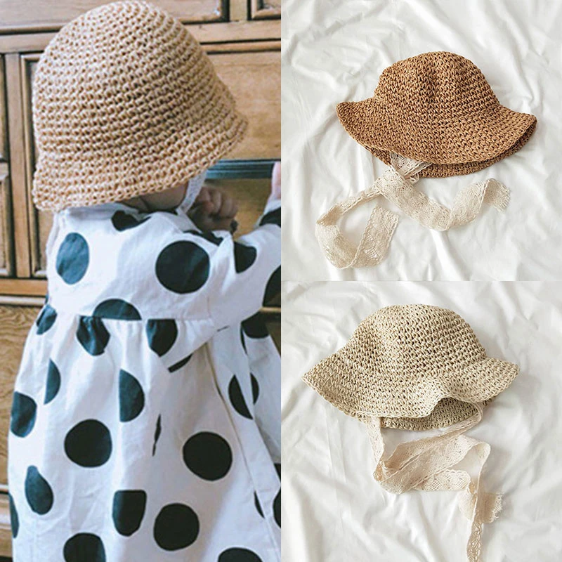 

Baby Girl Sun Hat Children Straw Hat Summer Sunscreen Cute Princess Girls Handmade Beach Hats Female Fisherman Cap Kids Beanies
