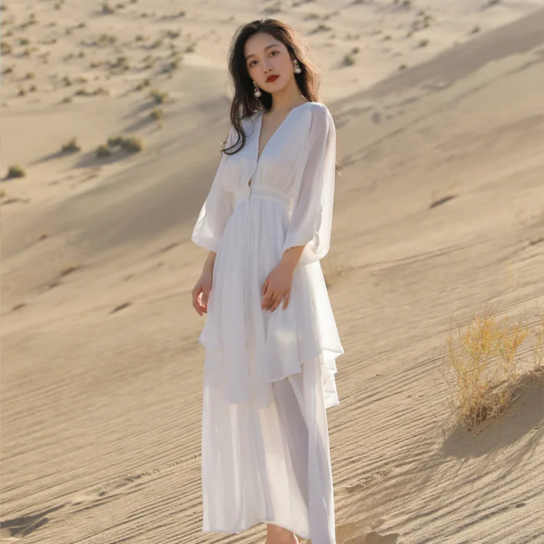 

Women Elegant Holiday Dresses Puff Sleeve V neck High waist White Long Maxi Dress Vocation Clothes