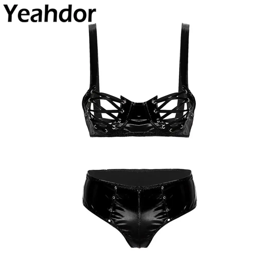 Женский комплект из 2 предметов эротичное нижнее бельё лакированной кожи