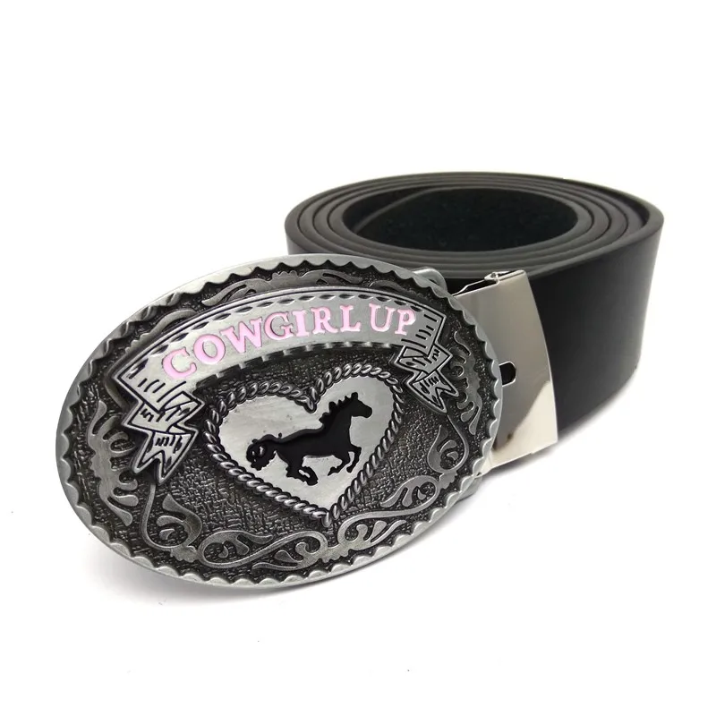 New Fashion Black PU Leather Belt 75-130cm Pink letters Cowgirl Up Heart Shape Horse Big Metal Belt Buckles Cowboy Jeans Womens