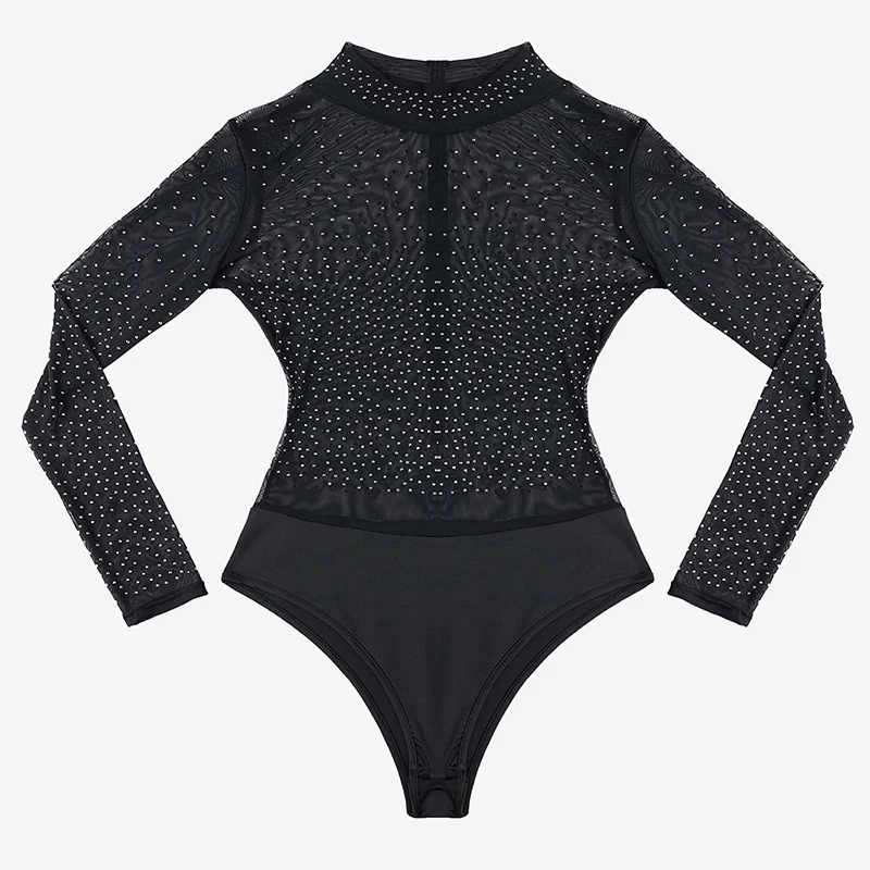 LIVA GIRL Black Mock Neck сексуальное прозрачное боди для женщин перспективная сетка с серебряными шипами Daimonds Джемперы и Комбинезоны женские боди Топы