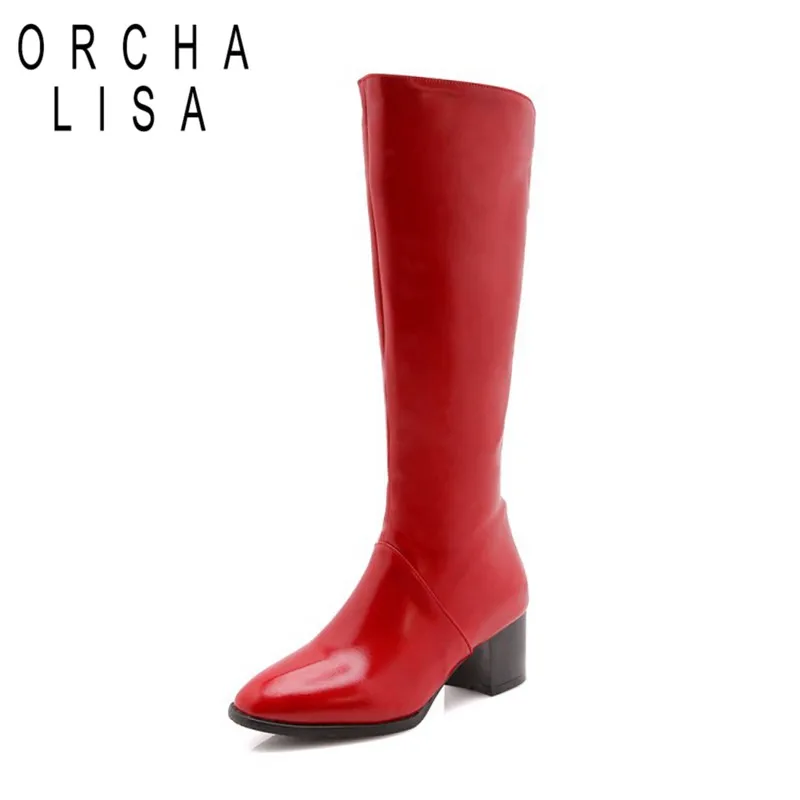ORCHA LISA/женские сапоги до колена; сапоги для верховой езды из лакированной кожи на высоком квадратном каблуке; сапоги на молнии; цвет черный, красный, бежевый; большие размеры 46, 45