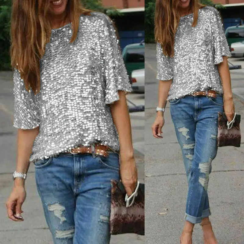 

New mid-long Womens Lady Sequined Bling Shiny Top Short Sleeve T Shirt women ins sparkling loose T Shirt dress