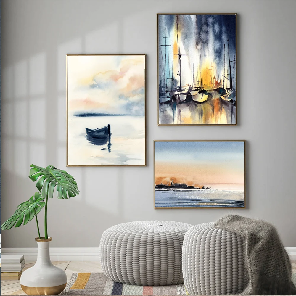 Картина на холсте с парусниками рисунок акварелью лодкой и доком