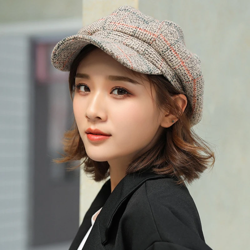 

Wool newspaper cap octagonal cap men's British retro beret ladies plaid British painter hat autumn and winter hat
