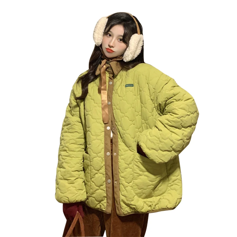 

Green Cotton Padded Coat Women Korean Fashion Loose Elegant Coats Women 2022 Winter Chic Thicken Warm Outwear Female LD2708
