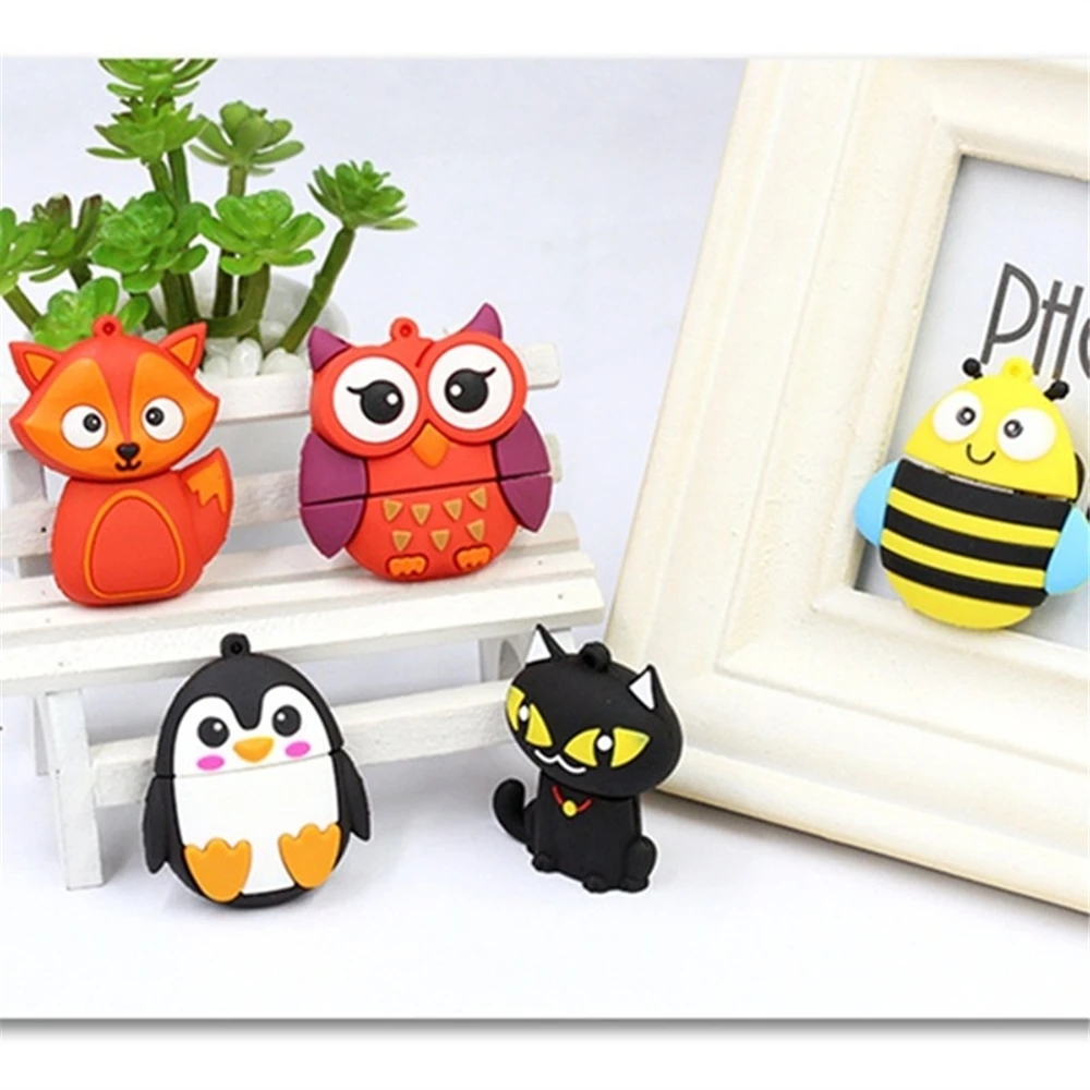 

Cartoon Bee Pendrive 128GB 64GB Cle Usb Flash Drives 32GB 16GB Animal Penguin Owl Fox Pen Drive 8GB Memoria Usb Stick Gift Disk