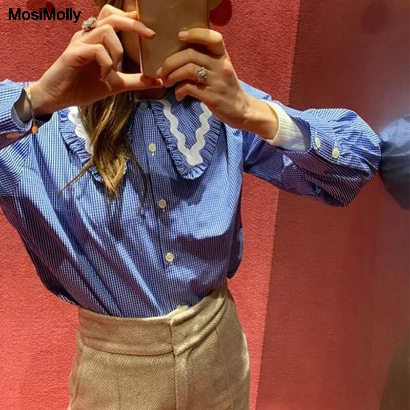 

MosiMolly Trendy Blue Plaid Blouses Shirt Peter Pan Collar Gingham blouses shirt female blusas tops shirt