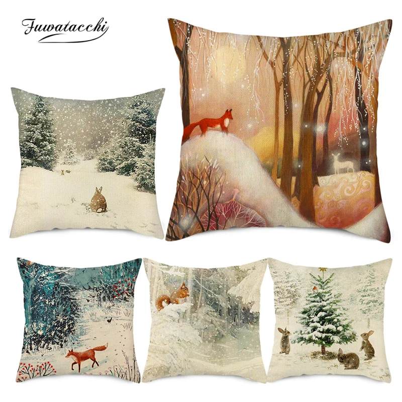 

Fuwatacchi Cute Dog Fox Birds Cushion Cover Linen 45*45cm Pillow Case For Sofa Home Car Decor Cartoon Animal Plant Pillowcases