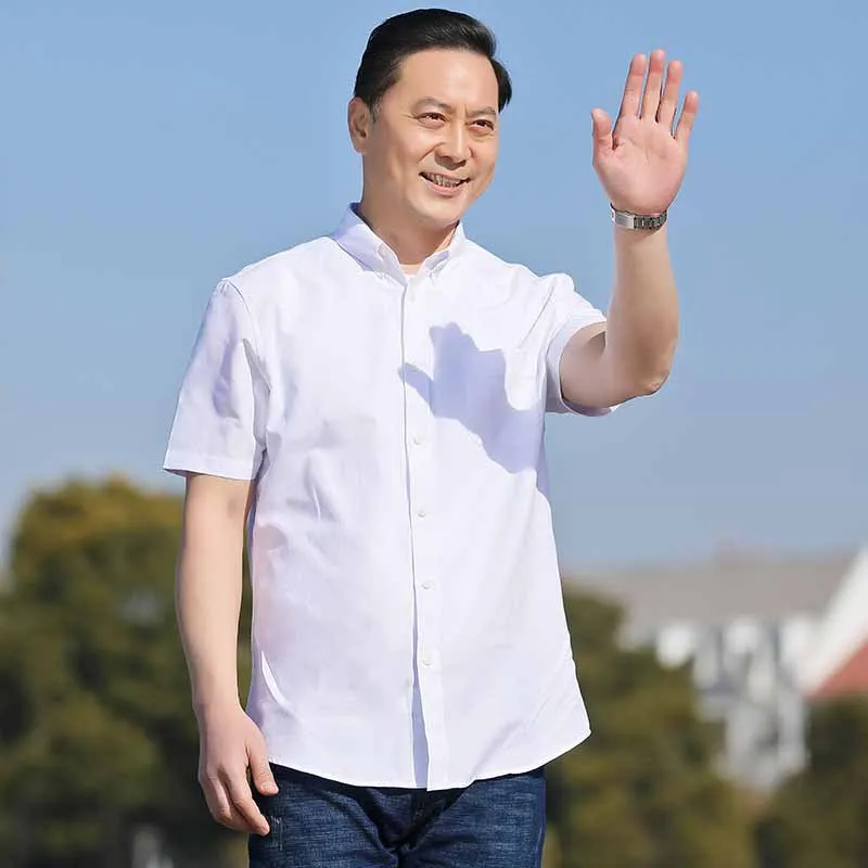 

Dad's summer loose short sleeve white shirt 2021 new 50 year old men's Lapel solid color shirt