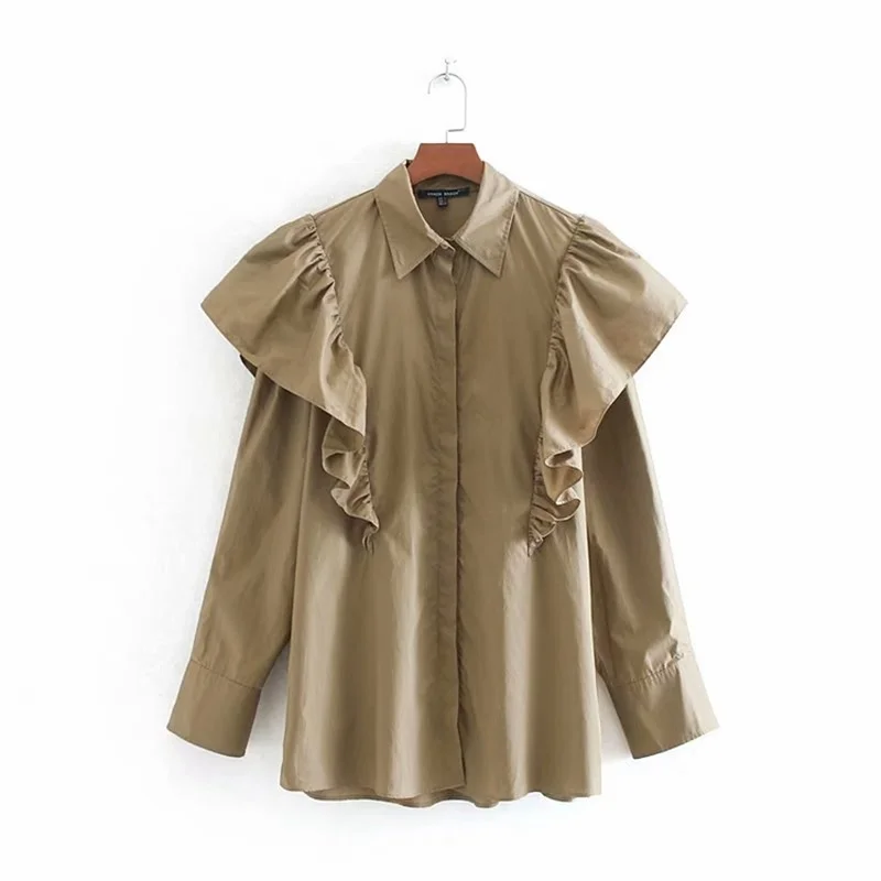 

New Autumn Women's European and American New Solid Color round Neck Loose Ruffled Bottoming Shirt Casual Long-Sleeved Shirt Full