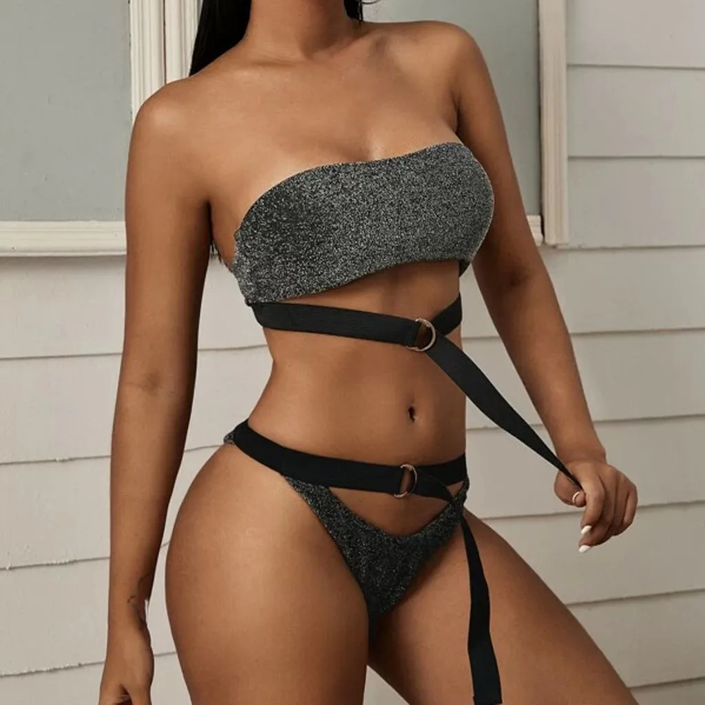 KANCOOLD сексуальный 2020 бикини купальник Одноцветный с блестками обернутый на грудь