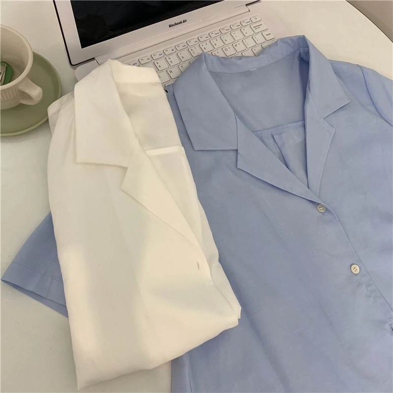 

Women Shirts Elegant All-match Solid Simple Office Ladies Daily Summer Sweet Loose V-neck Ins Stylish Leisure Soft Streetwear