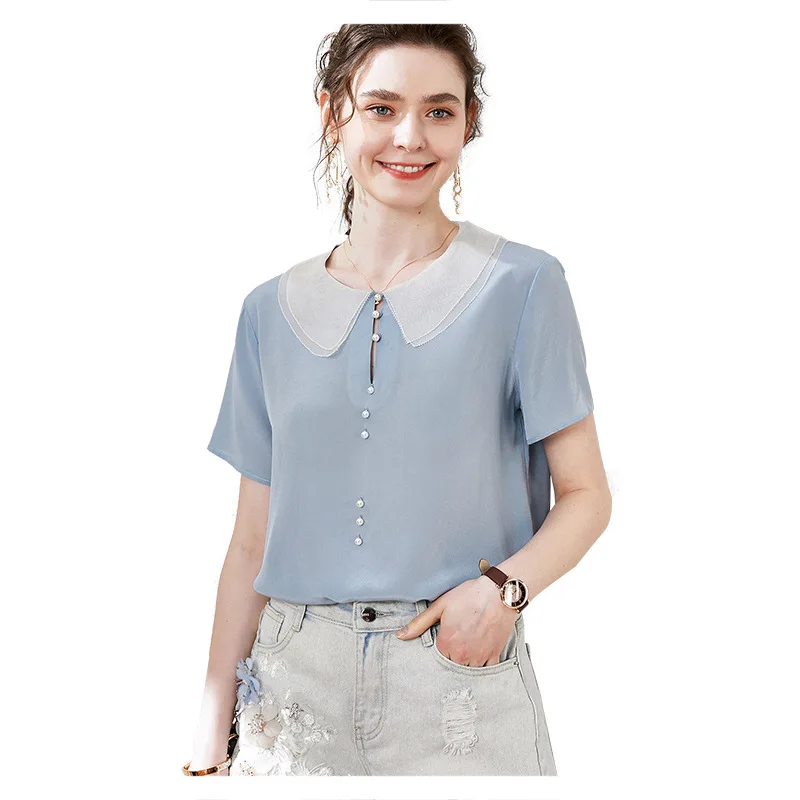

Western Style Beaded Hollow Doll Collar Silk Shirt Fashion All-match Silk Shirt 2020 Fashion New Style