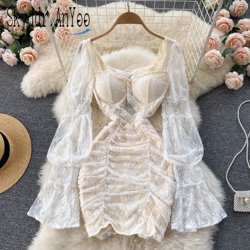 

Элегантные платья для женщин, платье с длинным рукавом и квадратным воротником, женское Кружевное облегающее платье, женское черное мини-платье, сексуальное женское платье