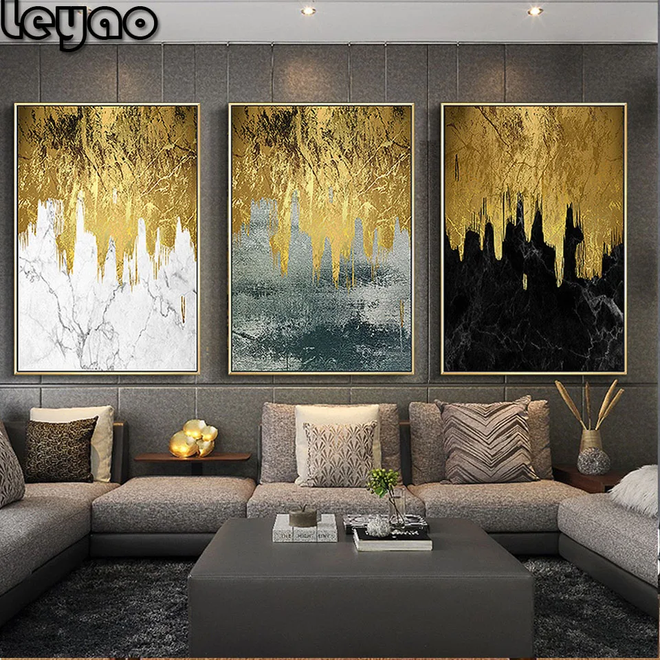 

5d Diamond Paintings 3 Panel Golden Abstract Embroidery Spray Home Decoration For Living Room Triptych diamond mosaic crafts