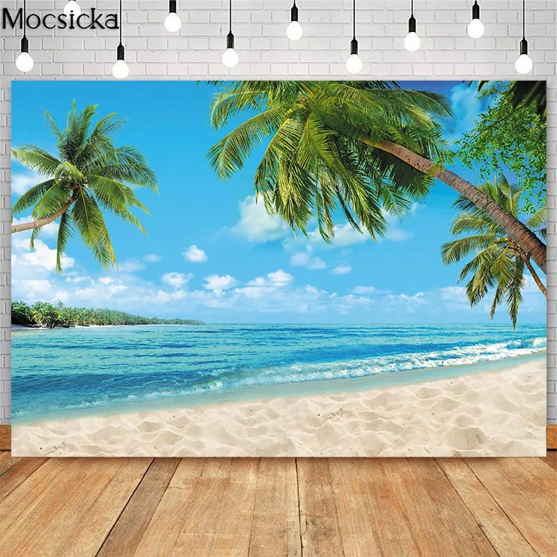 

Summer Beach Photography Backdrops Blue Sky and White Clouds Photo Props Studio Booth Background Green Coconut Tree Photoshoot