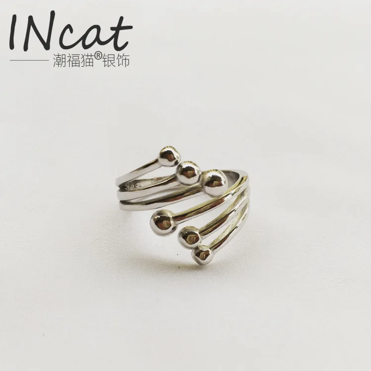 

South Korea Korean-style S925 Fine Silver Solid Six Beads Vintage Retro Cool Adjustable Silver Ring Ring