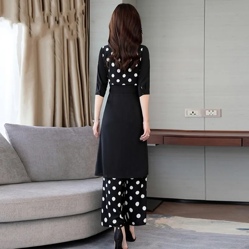 

Summer New Women Polka Dot Long Blazer Coat Wide Leg Pants Office Work Suit Conjuntos De Mujer Short Sleeve Outfits Set