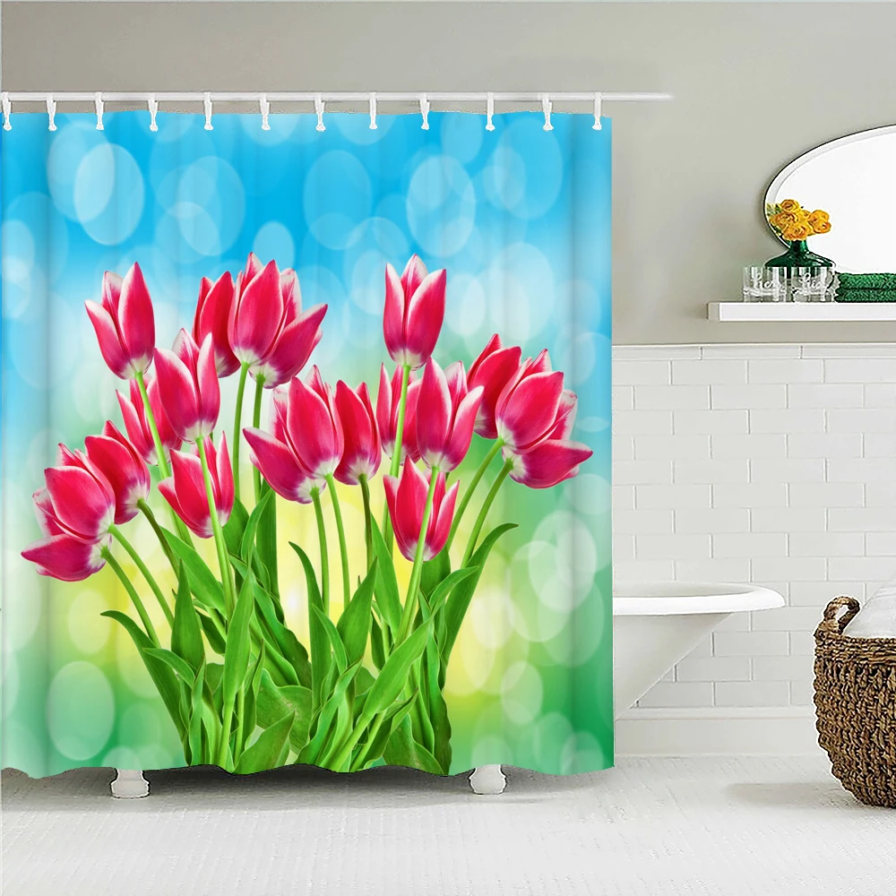 

3D Printing Beautiful Flowers Tulip Scenery Shower Curtain Home Decor Curtain Waterproof Fabric Belt Hook Shower Curtains
