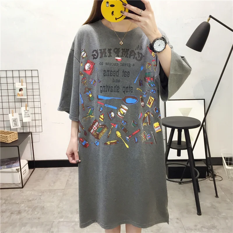 #2004 летние платья-футболки с принтом женские свободные больших размеров коротким