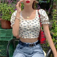 2020 summer sweet vintage style crop top women fashion floral print bubble sleeve lace cardigan t shirt button streetwear female