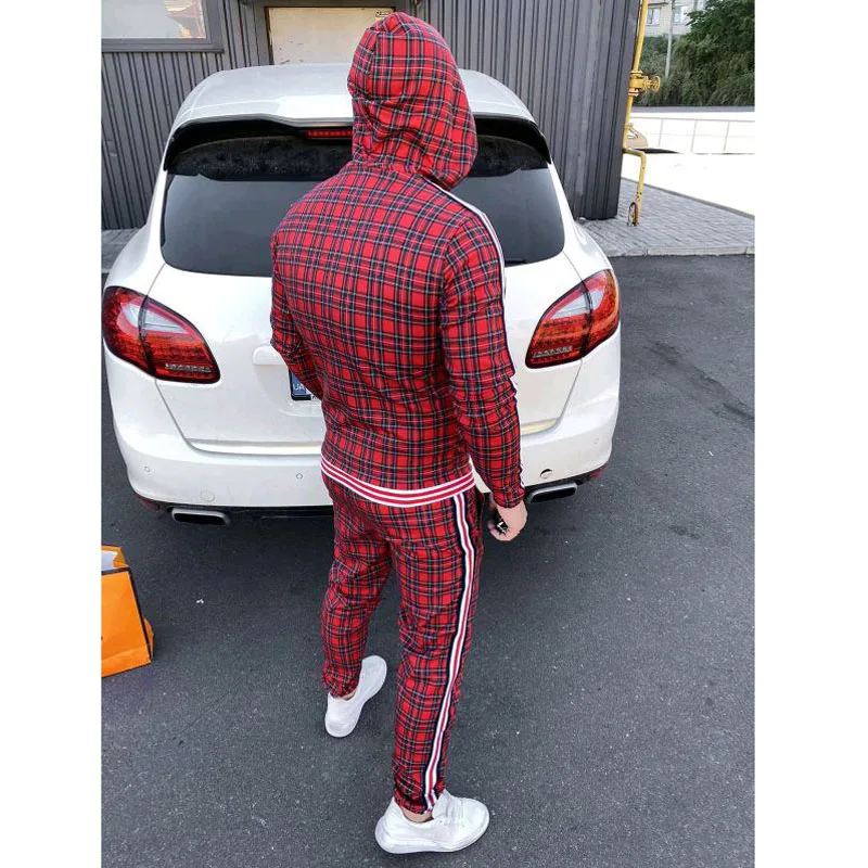 Men Fitness Suit Lattice Striped Letters Zipper With Hood Sports 2-piece Outdoor Sportswear Running | Спорт и развлечения