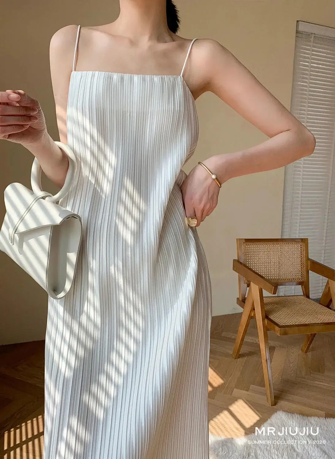 striped long sexy suspender Pleated High-quality satin dress 2020 summer new fashion French design sens Female New | Женская одежда