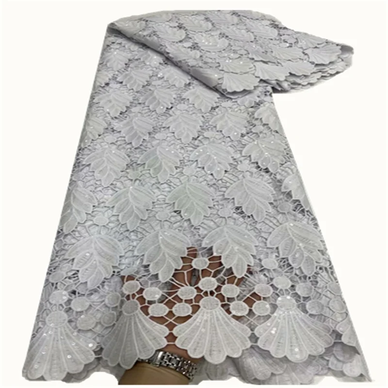 

New embroidery nigerian water soluble fabric african cord lace White high quality french net lace mesh fabric 5 yards/pcs FD71