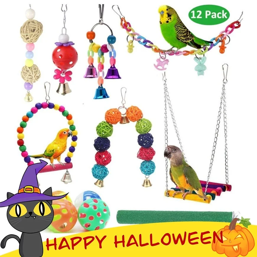 

12 Pack Bird Cage Toys for Parrots Reliable & Chewable - Swing Hanging Chewing Bite Bridge Wooden Beads Ball Bell Toys (in stock