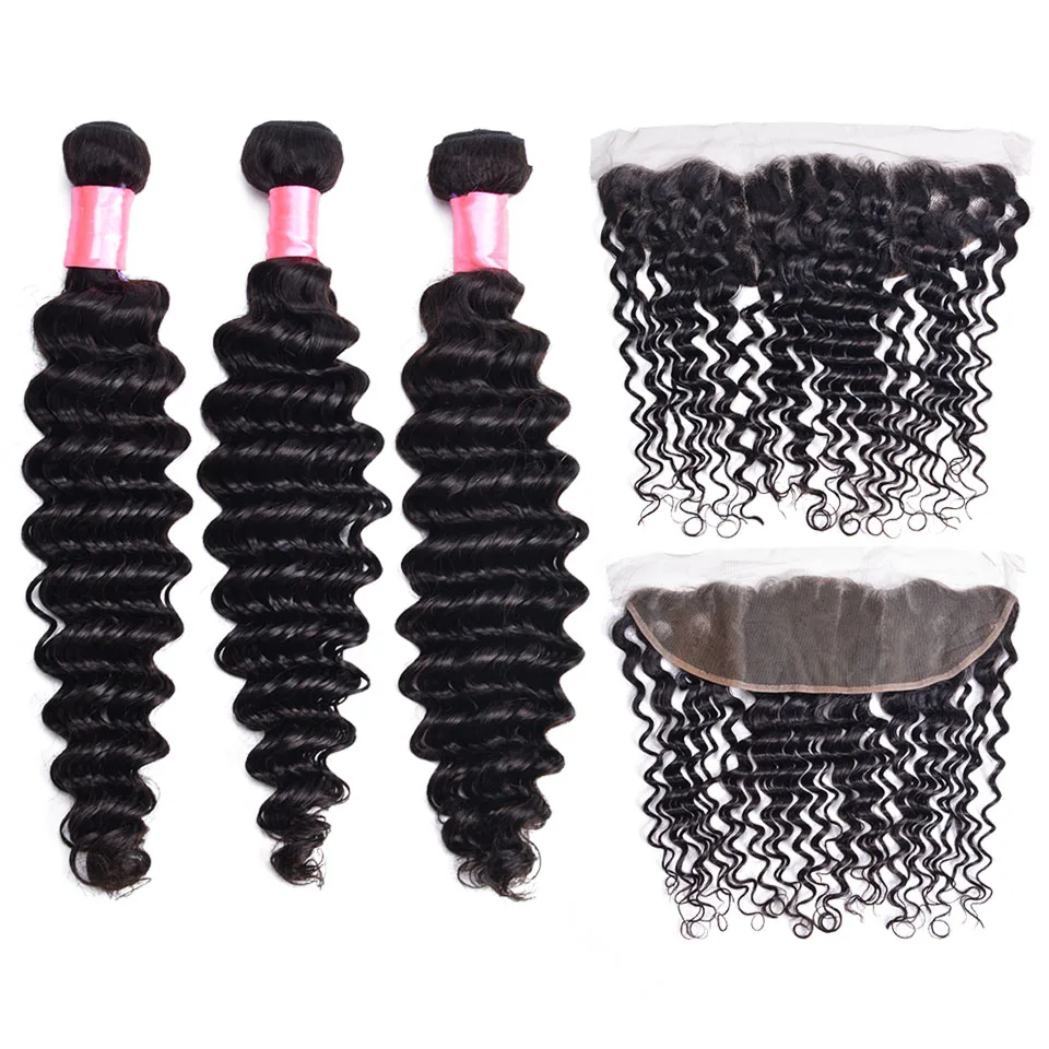 Глубокая волна пучки с фронтальной человеческие волосы кружевной Remy индийские