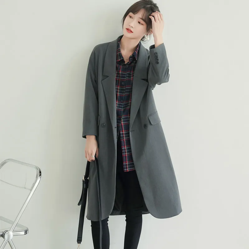 

Женское двубортное пальто до колена, Повседневная Длинная свободная ветровка с длинным рукавом, Осень-зима